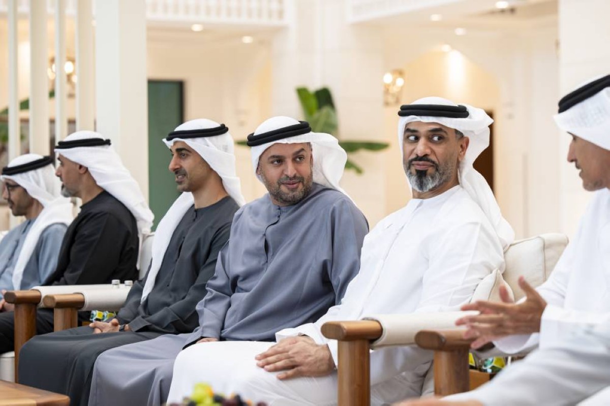 ABU DHABI, UNITED ARAB EMIRATES - September 07, 2025: (4th R-R) HH Sheikh Hamdan bin Mohamed bin Zayed Al Nahyan, Deputy Chairman of the Presidential Court for Special Affairs, HE Sheikh Mohamed bin Hamad bin Tahnoon Al Nahyan, Advisor to the UAE President, HE Humaid Obaid Abu Shabas, Abu Dhabi Executive Council Member and Chairman of Abu Dhabi Accountability Authority, and HE Ali Mohamed Hammad Al Shamsi, Secretary-General of the UAE Supreme Council for National Security, attend a meeting with HM King Abdullah II, King of Jordan (not shown), at Al Shati Palace. 
( Ryan Carter / UAE Presidential Court )
---