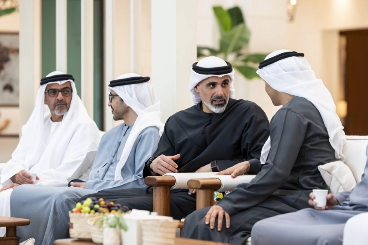 ABU DHABI, UNITED ARAB EMIRATES - September 07, 2025: (L-R) HH Sheikh Hamed bin Zayed Al Nahyan, HH Sheikh Abdullah bin Zayed Al Nahyan, UAE Deputy Prime Minister and Minister of Foreign Affairs, HH Sheikh Khaled bin Mohamed bin Zayed Al Nahyan, Crown Prince of Abu Dhabi and Chairman of Abu Dhabi Executive Council, and HH Sheikh Hamdan bin Mohamed bin Zayed Al Nahyan, Deputy Chairman of the Presidential Court for Special Affairs, attend a meeting with HM King Abdullah II, King of Jordan (not shown), at Shati Palace.   
( Ryan Carter / UAE Presidential Court )
---